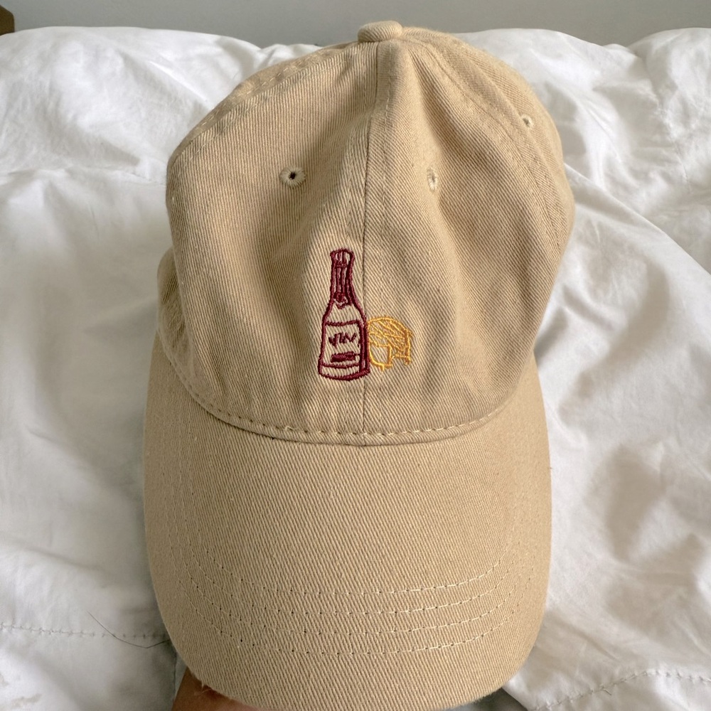 Anthropologie Baseball hat with Embroidered wine bottle and cheese